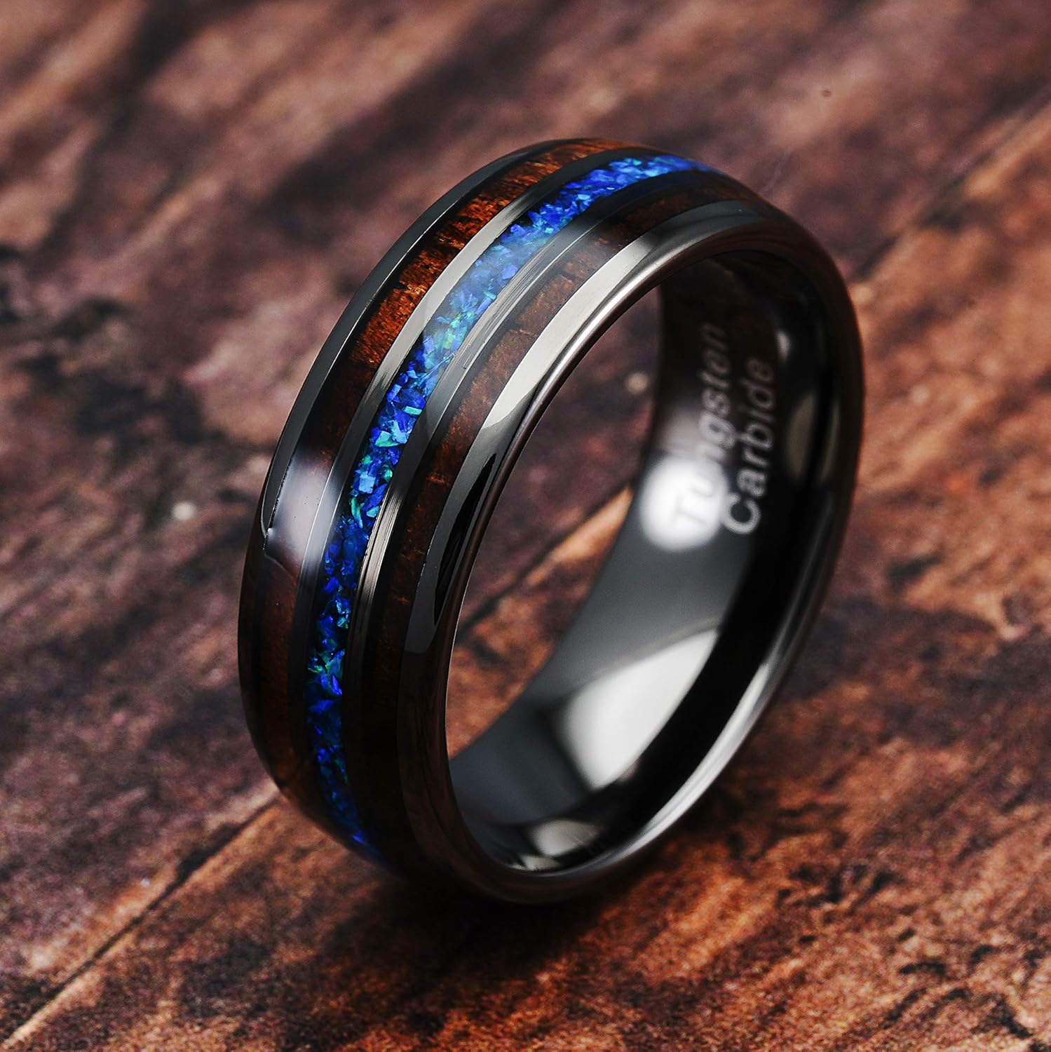 100S JEWELRY Gunmetal Tungsten Ring For Men Koa Wood Thin Blue Line Pacific Sapphire Opal Inlaid Wedding Band Promise Tungsten 15