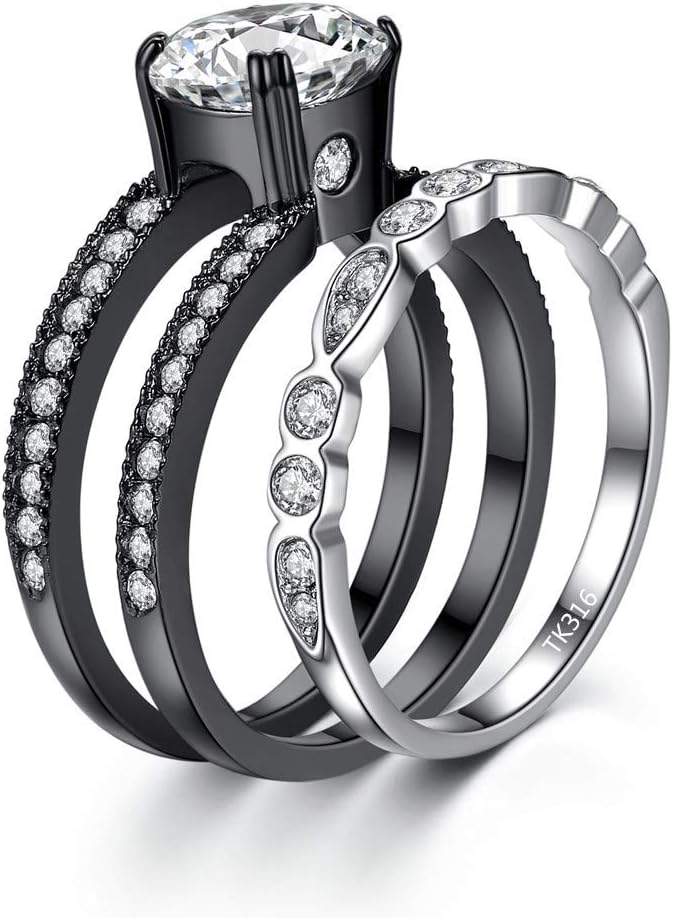 MABELLA CZ Black Wedding Band Engagement Ring Sets Stainless Steel Round Cut Cubic Zirconia Rings for Women 8