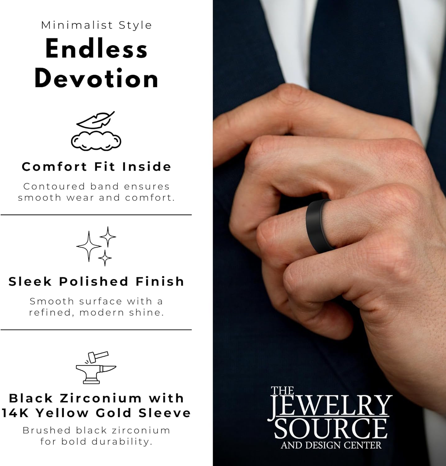 The Jewelry Source 6mm Black Zirconium Men’s Wedding Band – 14K Yellow Gold Sleeve – Brushed Finish Comfort Fit Ring